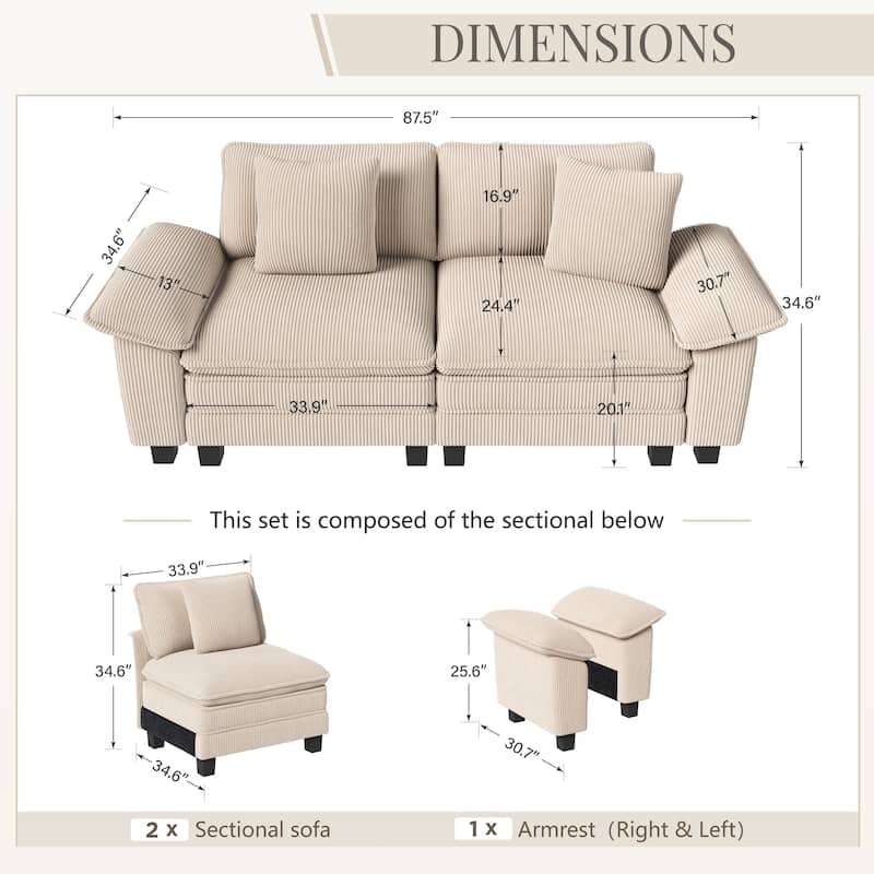 MAISON ARTS Cloud Modular Deep Seat Sofa, Chenille or Corduroy Sectional Couch with Removable Arms, 1–4 Seater