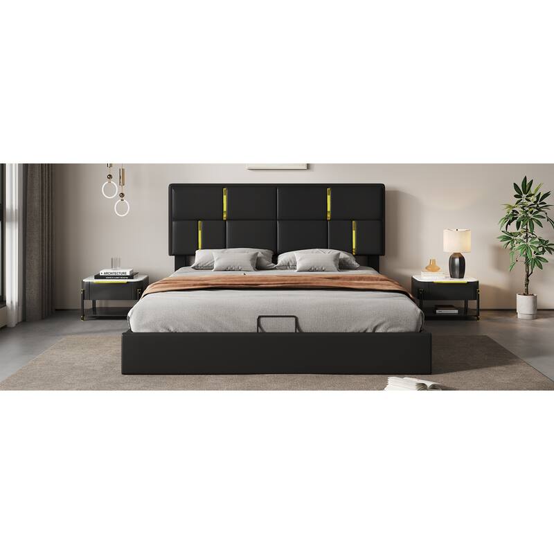 Roomfitters Queen Upholstered Platform Bed with Hydraulic Storage Lift, Modern Bed Frame, No Box Spring Required