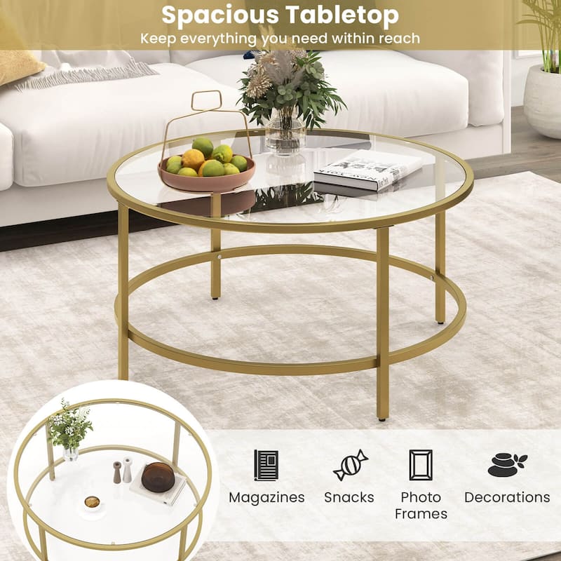 Costway 36'' Round Coffee Table Tempered Glass Tabletop Metal Frame - See Details