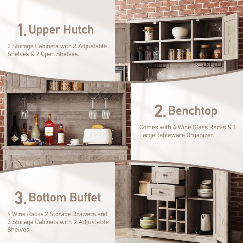 Farmhouse Home Bar Wine Storage Cabinet, Buffet Sideboard Kitchen Pantry with Adjustable Shelves, Drawers & Wine Glass Racks