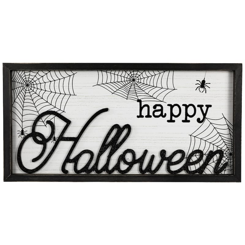 Rectangular Framed "Happy Halloween" Spider Web Wall Sign - 23.5"