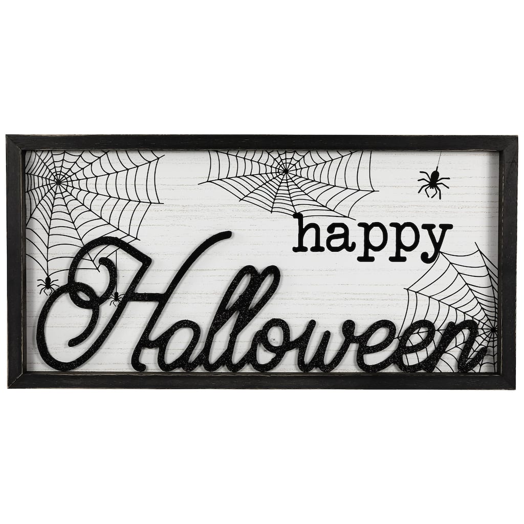Rectangular Framed "Happy Halloween" Spider Web Wall Sign - 23.5"