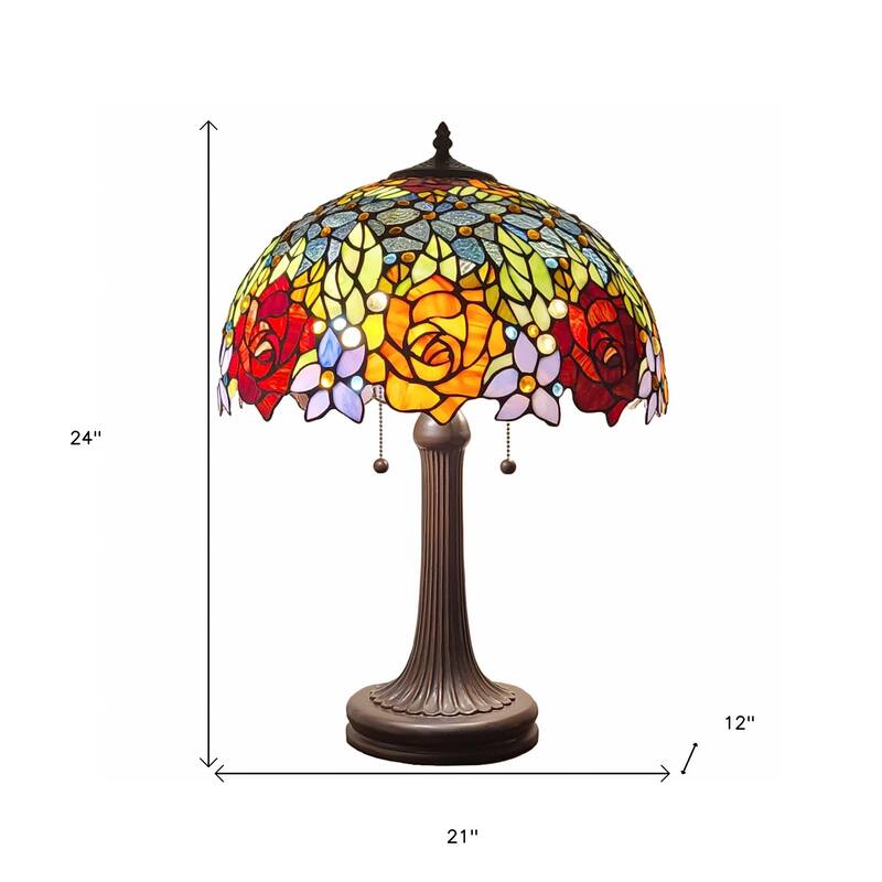 HomeRoots 23" Stained Glass Two Light Jeweled Flowery Accent Table Lamp - 21 x 24 x 12
