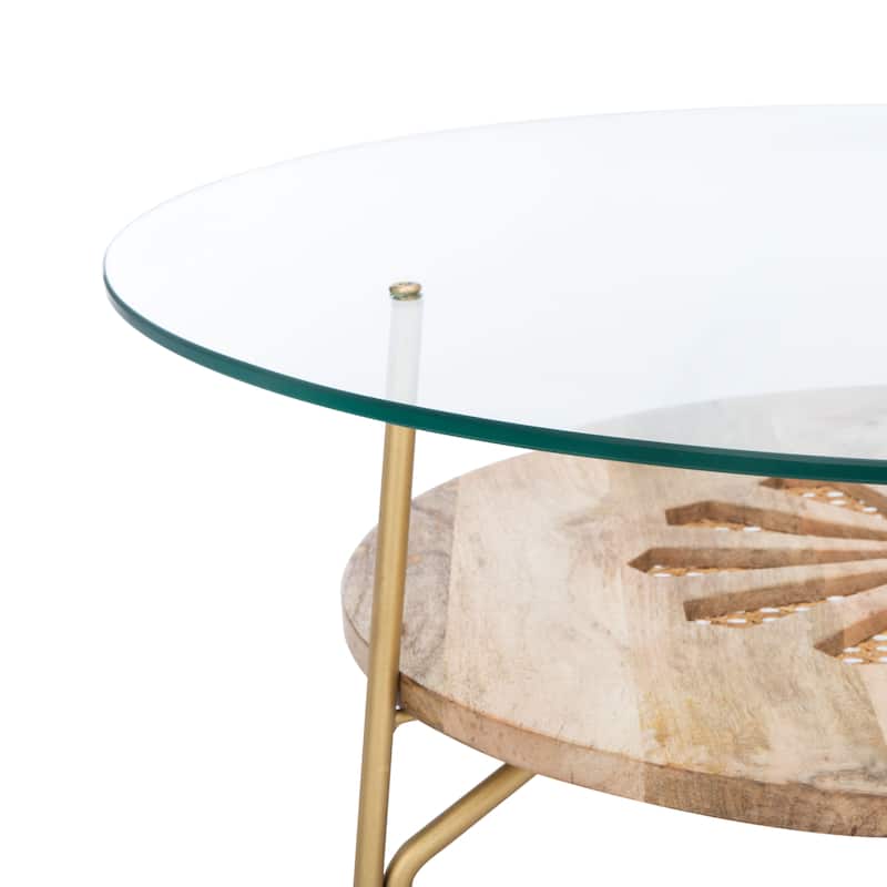 SAFAVIEH Emmanouela Round Natural Wood And Glass Coffee Table - 29" x 29" x 13.6" - 29Wx29Dx14H