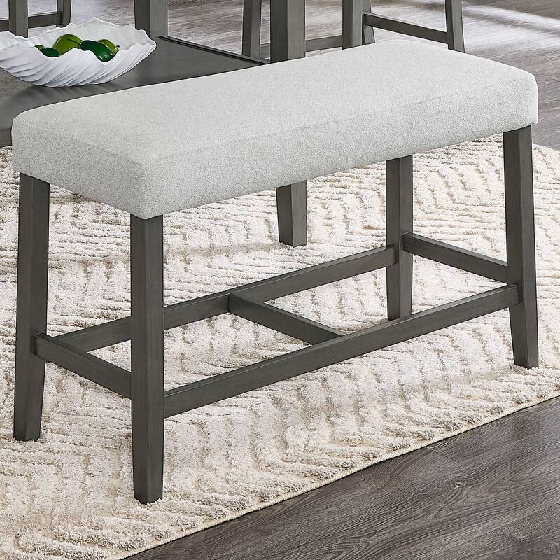 Selena 6-Piece 60" Rectangular Gray Faux Marble Counter Height Dining Set w/Storage Shelf, Light Gray Upholstered Chairs & Bench