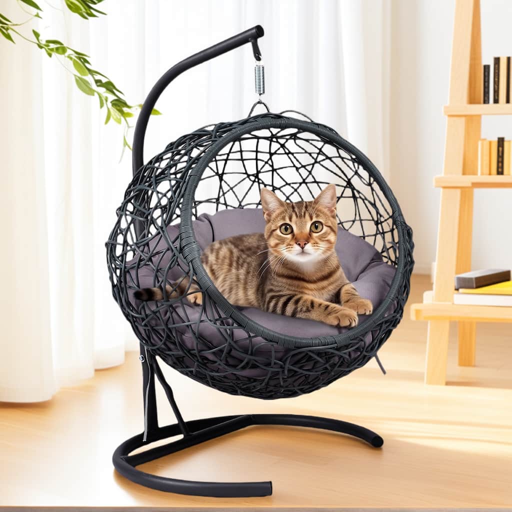 Modern Pet Hammock, Rattan Swing Bed with Stand & Removable Cushion, Gift for Cat/Dog Lovers, Space-Saving Indoor-Outdoor