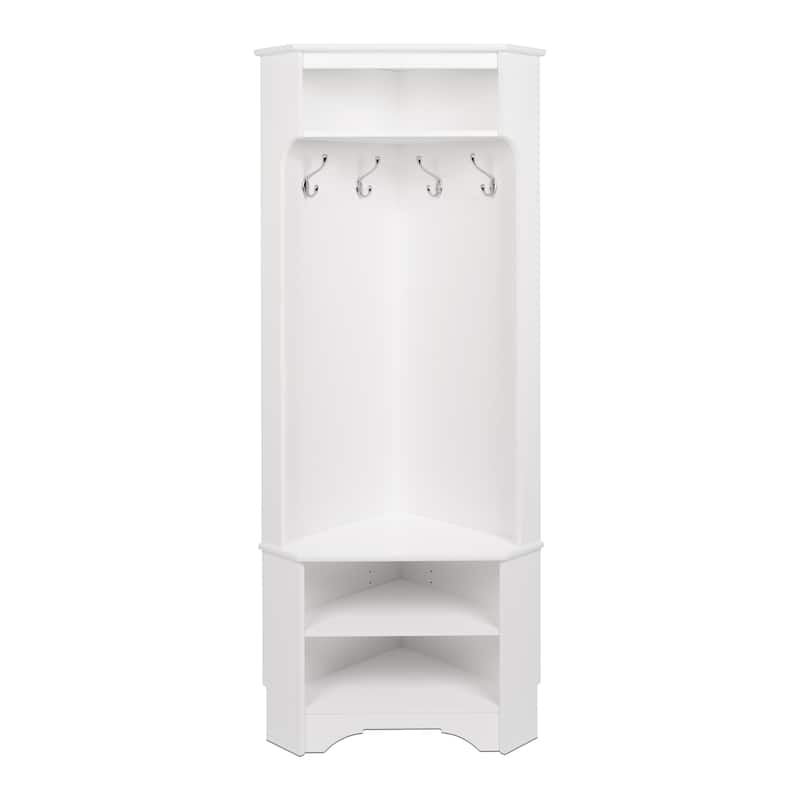 Prepac White Corner Hall Tree: Multifunctional Corner Clothes Rack with Corner Shoe Shelf - Space-Saving Corner Solution