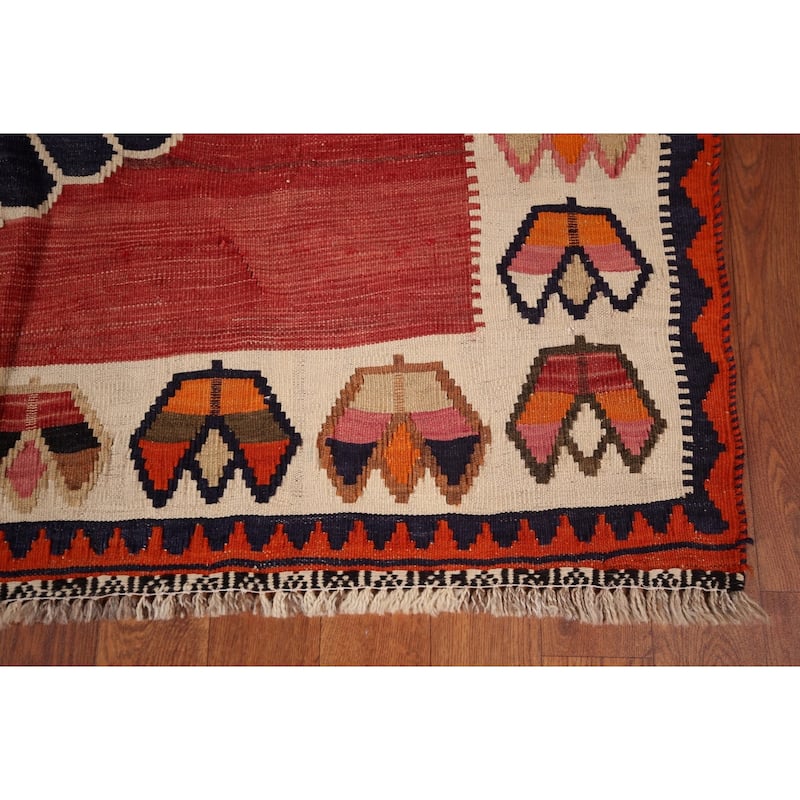 Kilim Qashqai Persian Vintage Rug Flatweave Red Tribal Wool Carpet - 5'2"x 8'0"