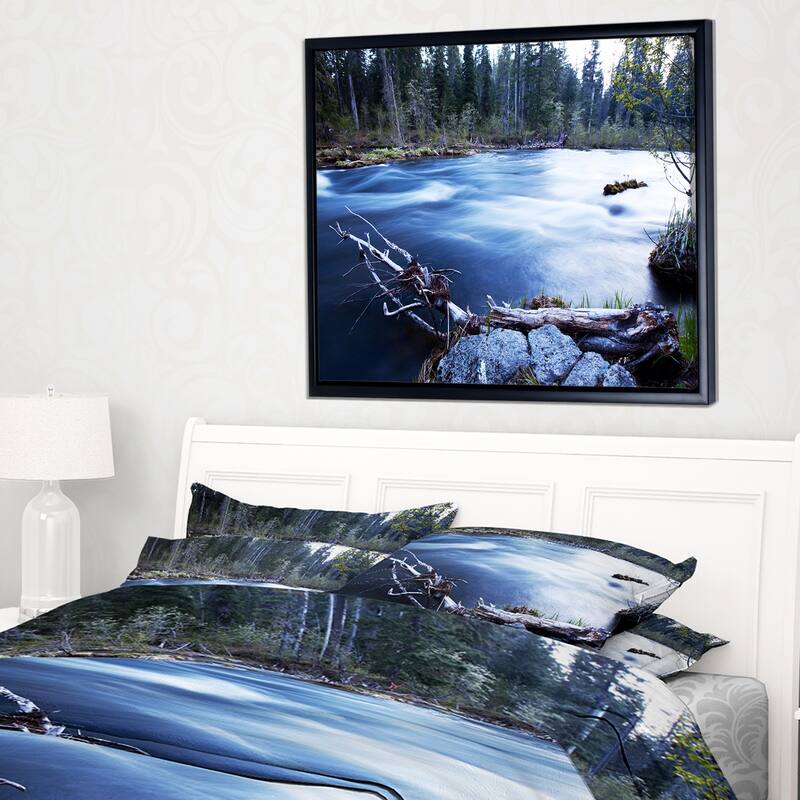 Designart "Blue River in Forest At Evening" Oversized Landscape Framed Canvas Art