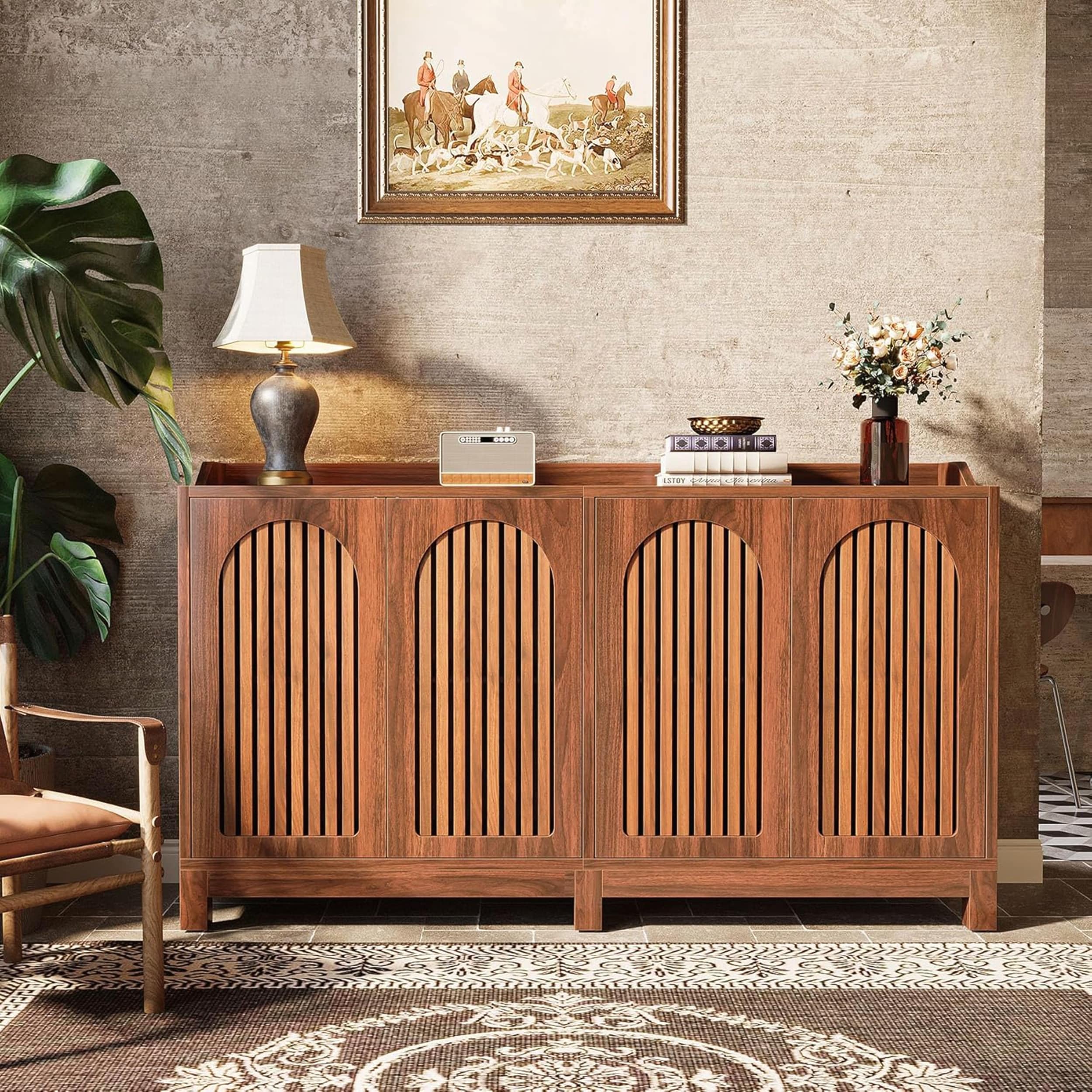 57 Inch Farmhouse Sideboard Buffet with Shutter Doors for Dining and Living Areas