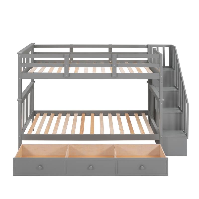Twin Pine Stairway Bunk Bed with Drawers and Guardrails, Convertible to Two Beds