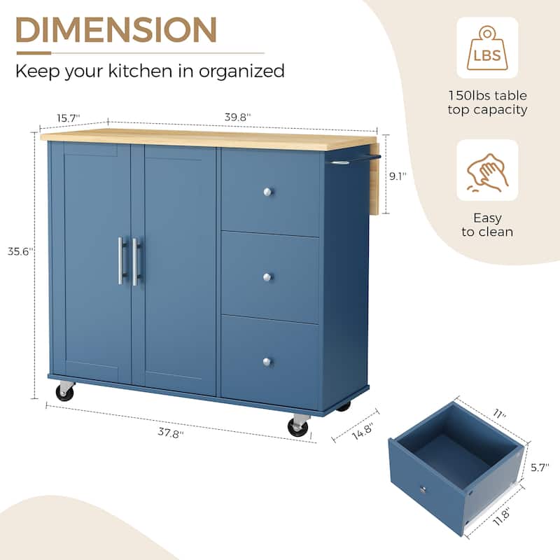 Rolling Kitchen Island with Storage Cabinet & 3 Drawers – Mobile Storage Cart with Extendable Countertop for Small Spaces