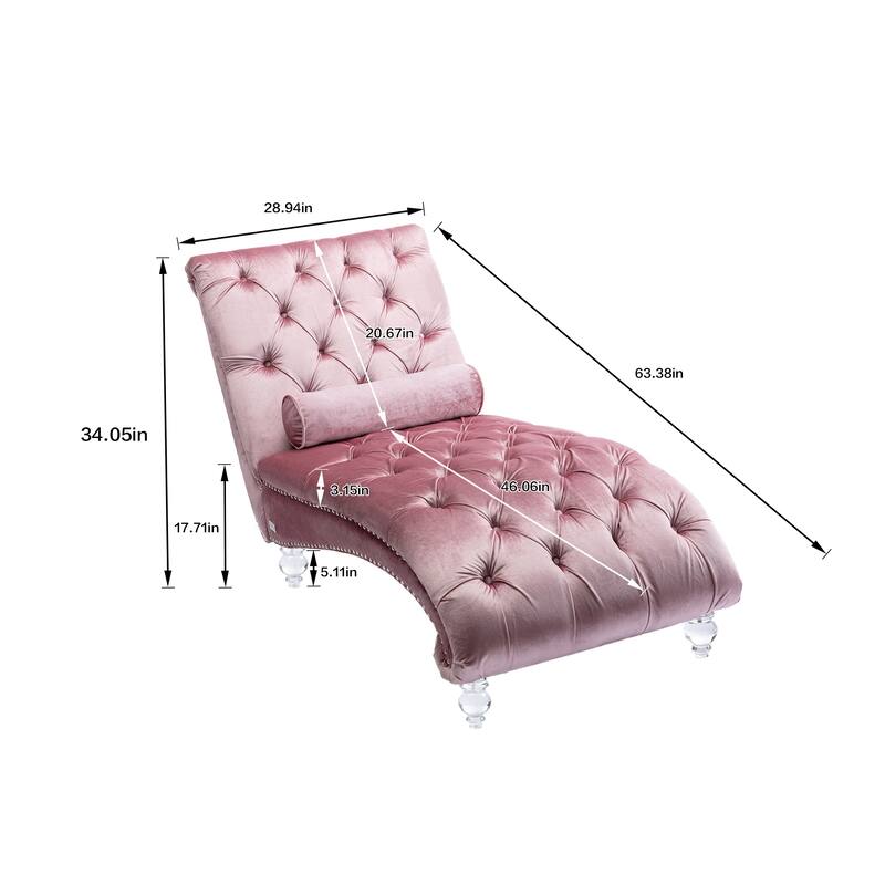 Pink Modern 63.98" Upholstered Buttons Tufted Chaise Lounge Chair with Pillow and Acrylic Legs