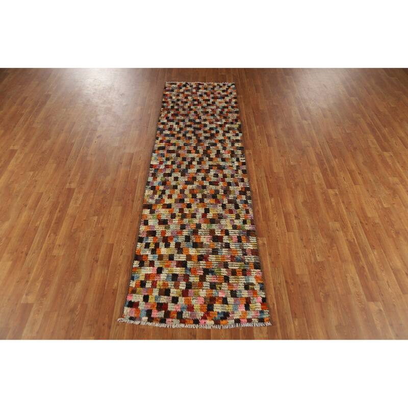 Checkered Tribal Moroccan Oriental Runner Rug Hand-Knotted Wool Carpet - 2'9" x 9'6"