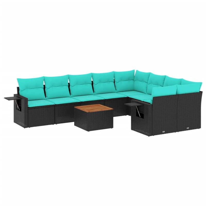 vidaXL 10 Piece Patio Sofa Set with Cushions Black Poly Rattan - 24.4" x 24.4" x 27.2"