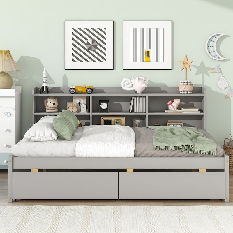 Full Size Bookcase Captain's Bed with Pull-out Storage Drawers, Available White L-Shaped Corner Bed or Grey Daybed, Wood Frame