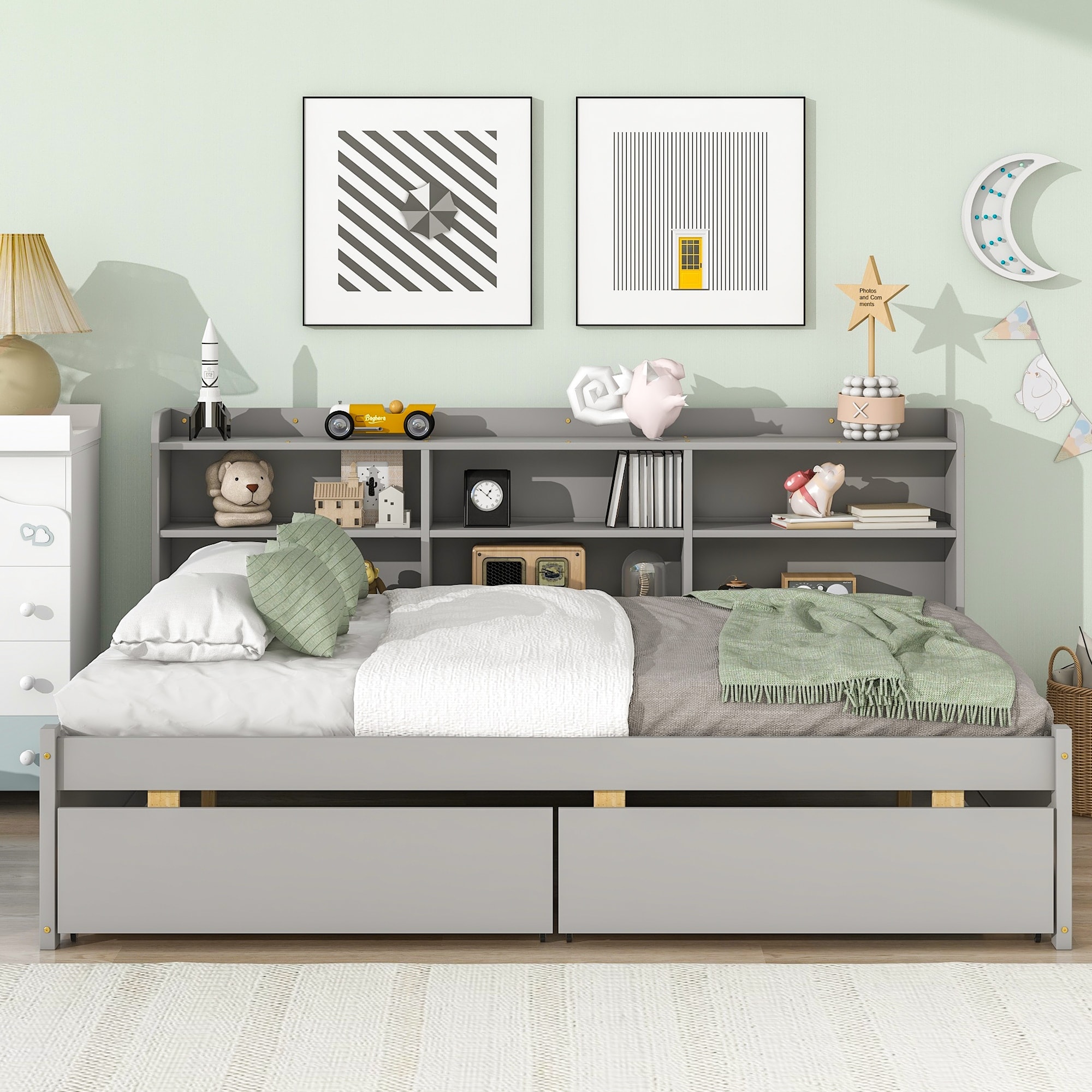 Grey Full Platform Storage Bed Daybed with Side Bookcase and