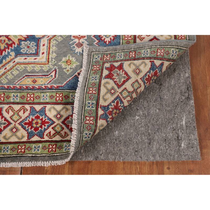Geometric Kazak Rug Hand-Knotted Grey Wool Carpet - 4'11" x 6'9"