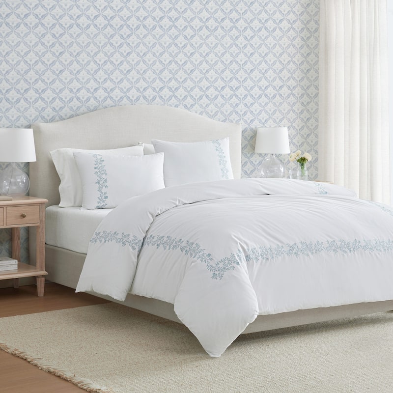 Martha Stewart Garden Path Embroidery Cotton Blue Duvet Cover Set