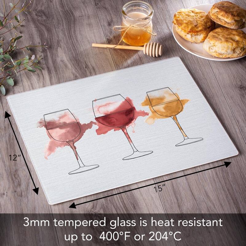 Watercolor Wine 3mm Heat Tolerant Tempered Glass Cutting Board 15” x 12” Manufactured in the USA Dishwasher Safe