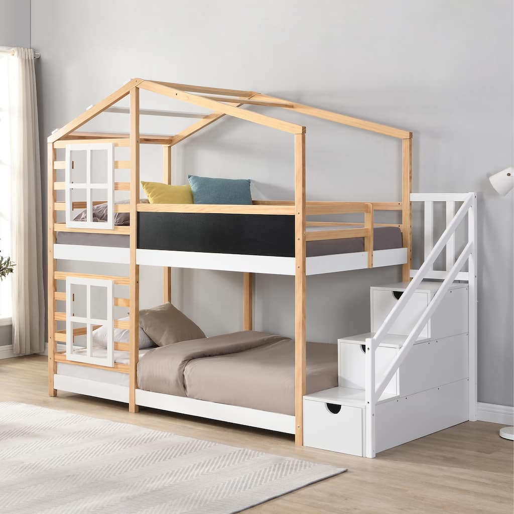 Twin over Twin Bunk Bed House Bed With Roof Windows Blackboard And Storage Ladder Platform Bed, bed Frame
