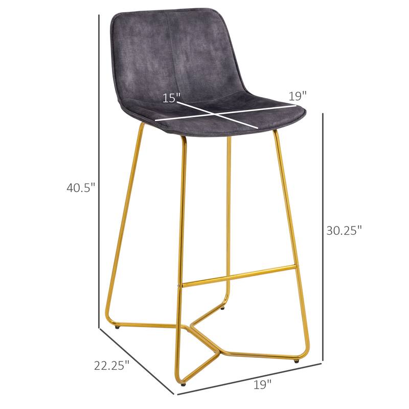 HOMCOM Tall Bar Stools, Set of 2, Velvet-Touch Fabric Bar Chairs, Bar Stools with Gold-Tone Metal Legs for Dining Area