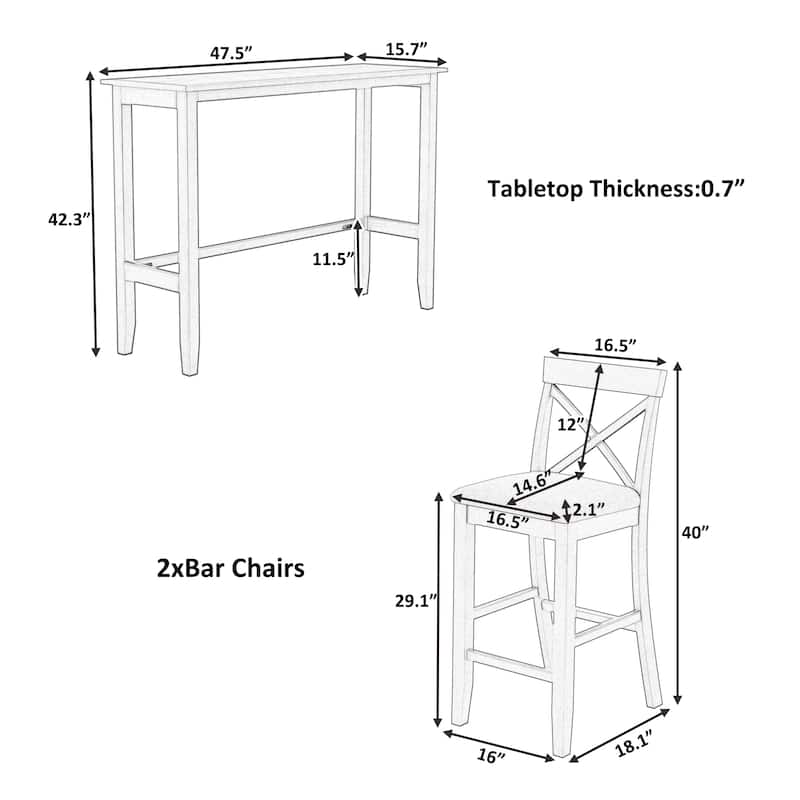 3-Piece Breakfast Nook, Wood Bar Height Dining Table Set, Kitchen Table Set with Bar Table and Cushioned Stools