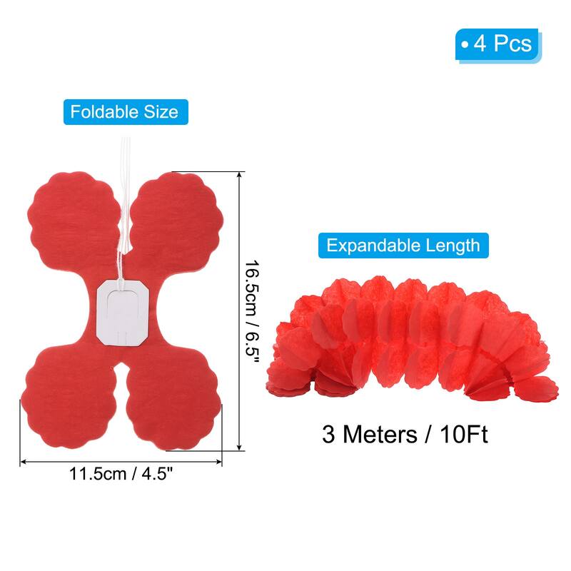 4Pcs Total 40Ft Four-Leaf Tissue Paper Garland Hanging Streamers - Red