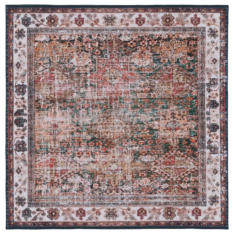 SAFAVIEH Tucson Machine Washable Slip Resistant Gena Oriental Rug - 8' Square - Ivory/Green