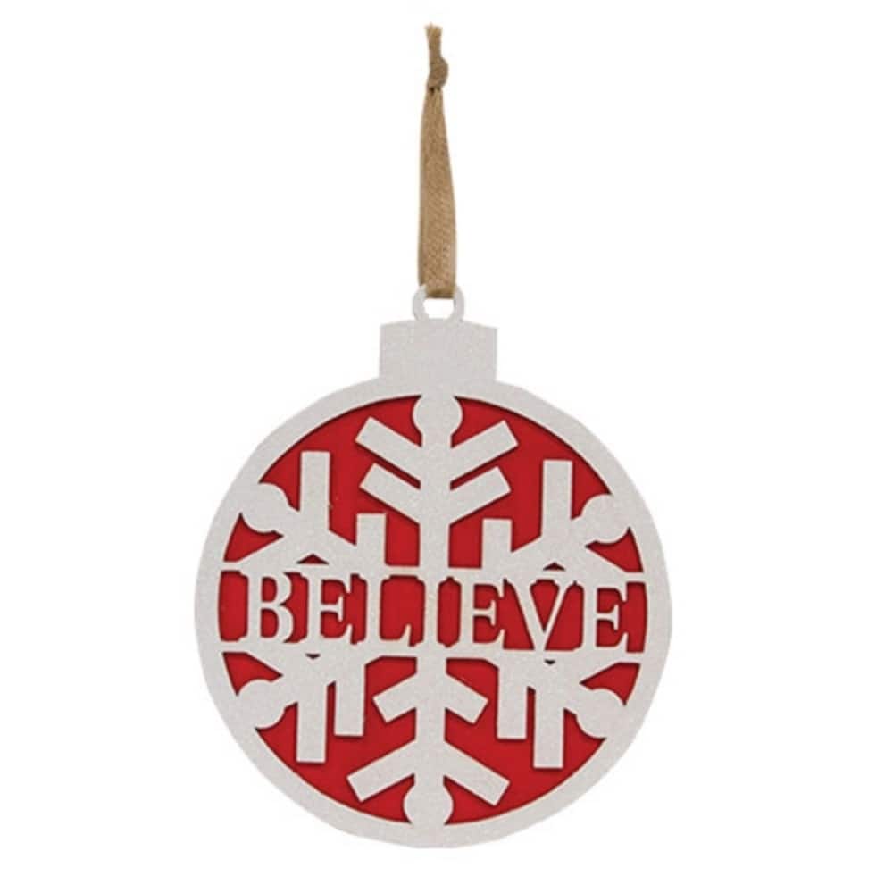 Wooden Christmas Snowflake Ornament with “Believe” Cutout Layered Glittered Holiday Decor - 10" H x 8.5" W x .5" D