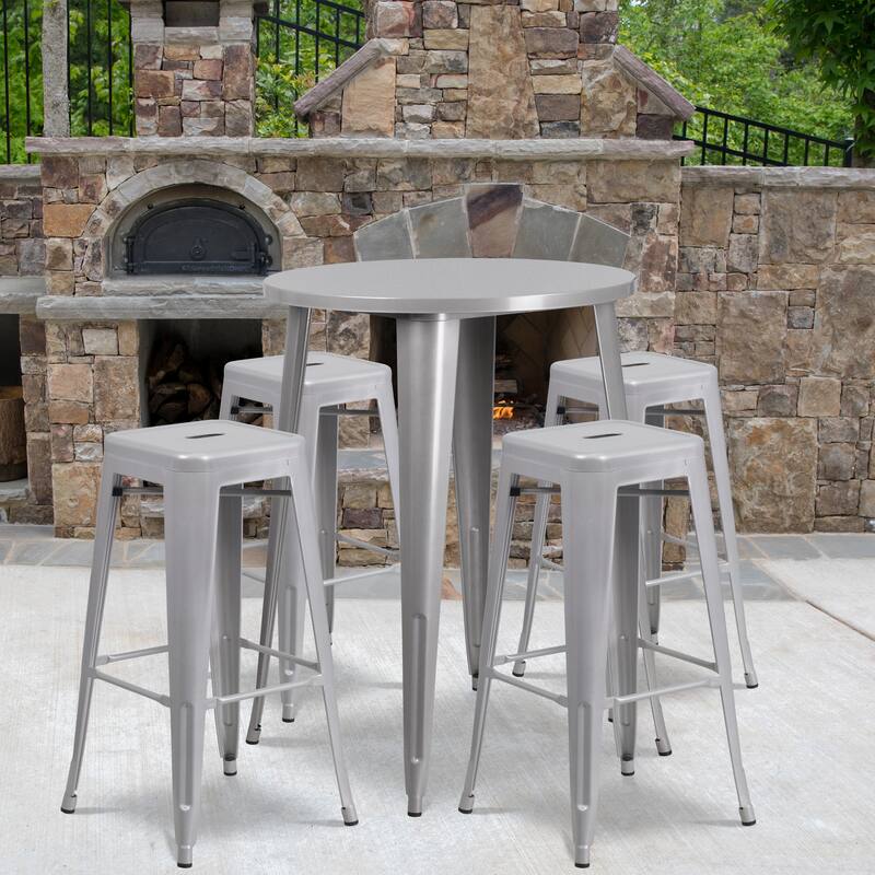 30-inch Indoor/ Outdoor 5-piece Round Metal Table and Stools Set - Silver