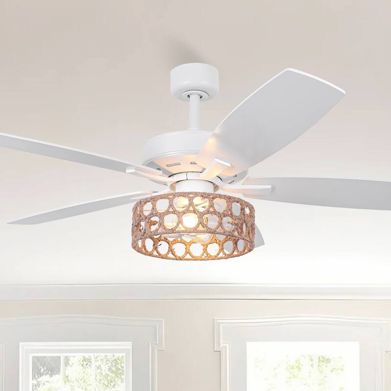 Parrot Uncle 52" Coastal White Natural Jute Reversible Ceiling Fan with Remote