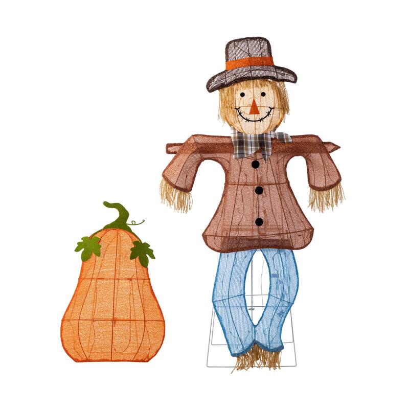 Glitzhome 4ft Set of 2 Lighted Fall Scarecrow & Pumpkin Outdoor Decor
