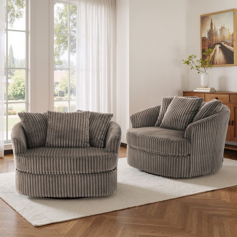Oversized 43" W Plush Corduroy Slipcovered Swivel Barrel Chair with Pillows Set of 2