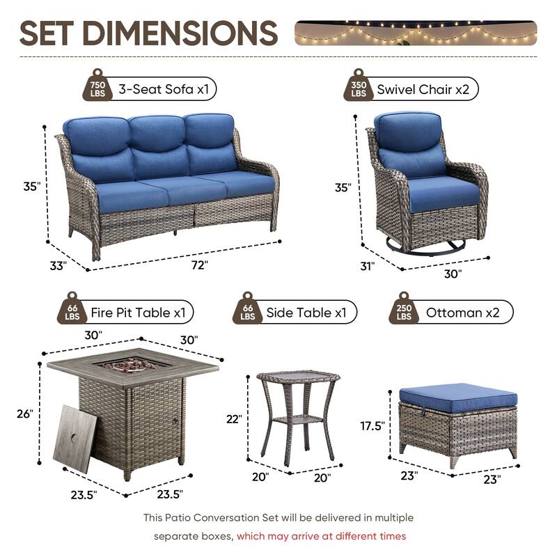 Pocassy Outdoor Propane Fire Table with Sofa Swivel Chair Ottoman Funiture Set.