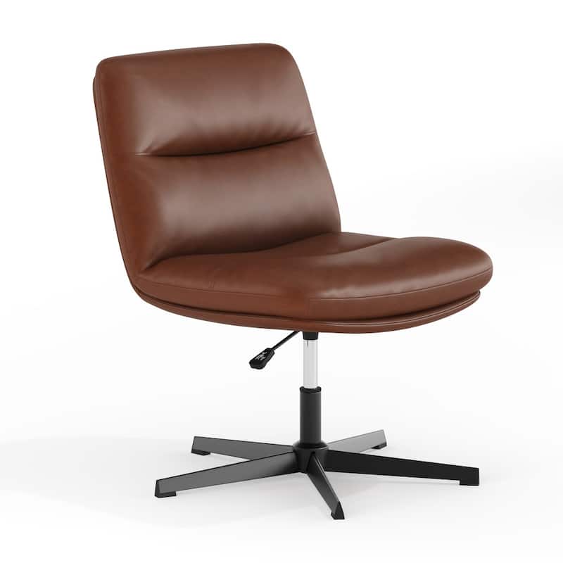 Commercial Wide Mid-Back Padded Upholstered Swivel Office Chair - 27.25"W x 27.25"D x 31.75" - 36.5"H - Cognac LeatherSoft/Black Frame
