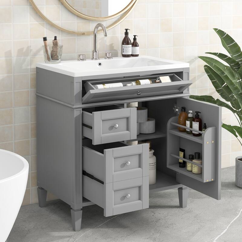 30''/36'' Bathroom Vanity with Top Sink, Modern Bathroom Storage Cabinet with 2 Drawers, a Tip-out Drawer & Adjustable Shelf