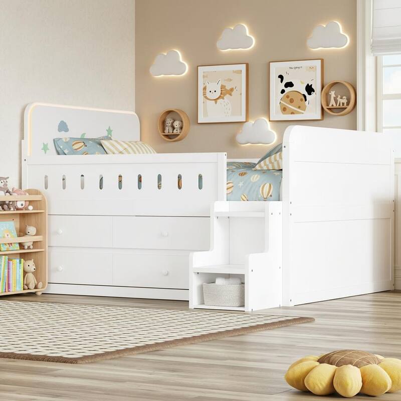 Storage Bed with LED Headboard and Four Drawers by Harper&Bright Designs - White