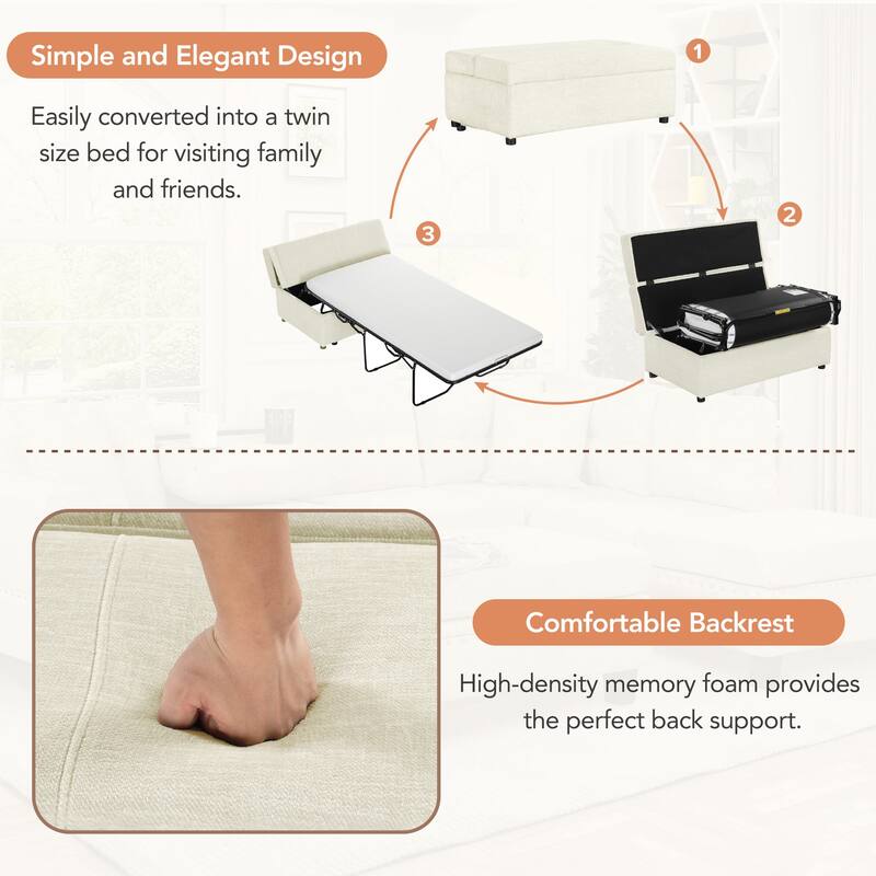 Twin Size Folding Ottoman Sleeper Bed with Mattress, White, Chenille