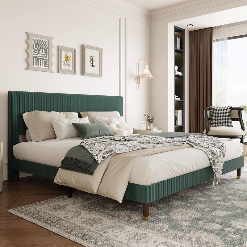 Twin Bed Frame Upholstered Platform Bed with Fabric Headboard, Non-Slip and Noise-Free - Green - King