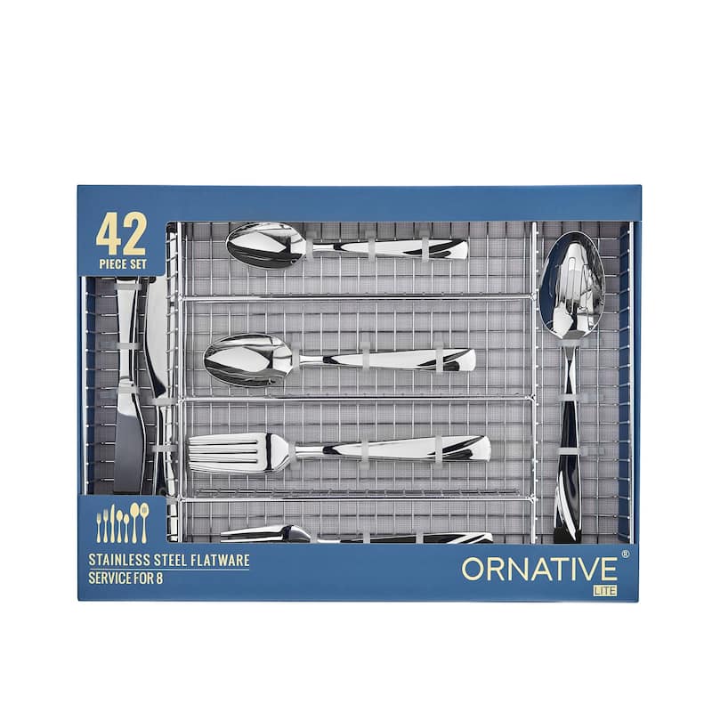Ornative RHODA 18/0 Stainless Steel Mirror 42 Pieces Flatware Set with Buffet - 10.71" H x 14.37" W x 1.77" D