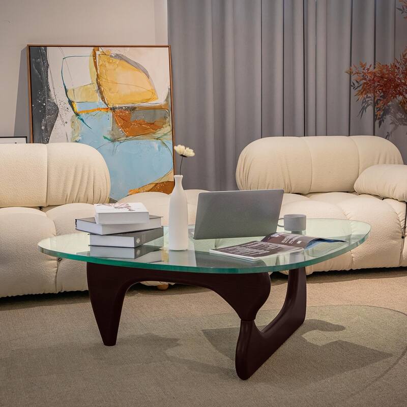 0.78 " Modern Triangle Glass Noguchi Coffee Table Cherry Wood Base