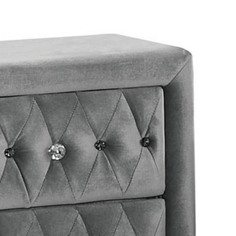 Rea Nightstand, 26 Inch, 2 Drawers, Button Tufted Gray Fabric