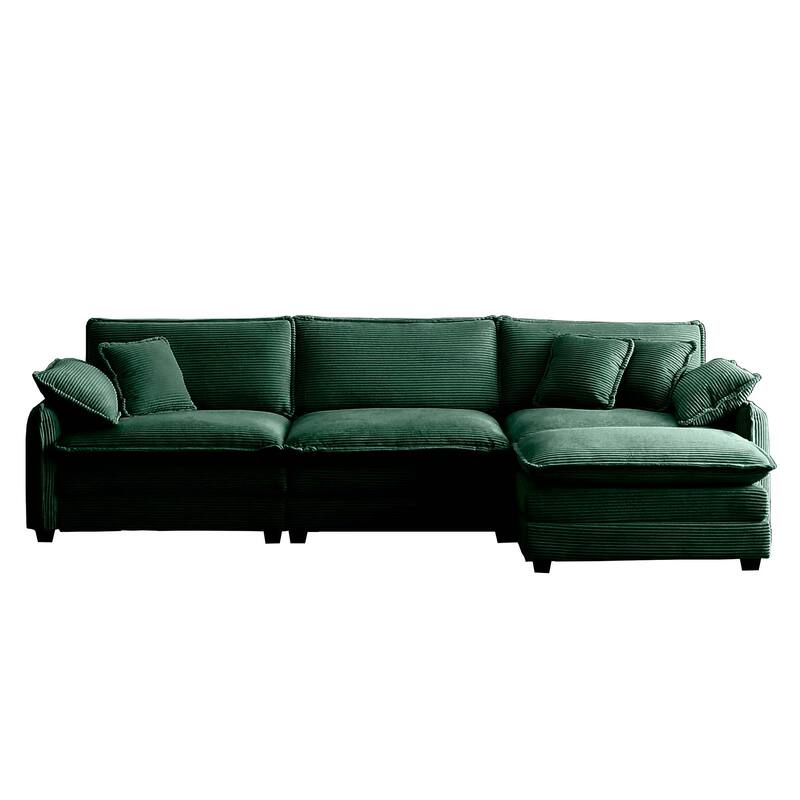Green 4-piece Corduroy Upholstered L-Shaped Modular Sectional Sofa with Removable Ottoman, 5 Pillows, and Free Combination