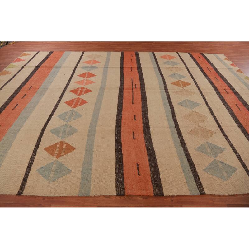 Hand Woven Oriental 100% Jute Carpet Modern Stripe Beige & Ivories Kilim Area Rug - 14' 0'' X 10' 0''