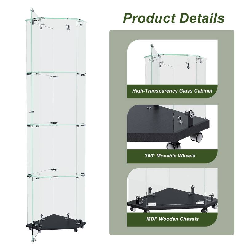 Roomfitters Glass Display Cabinet with Lighting, 4 Tier Curio Case for Collectibles, Floor Standing Showcase, Black