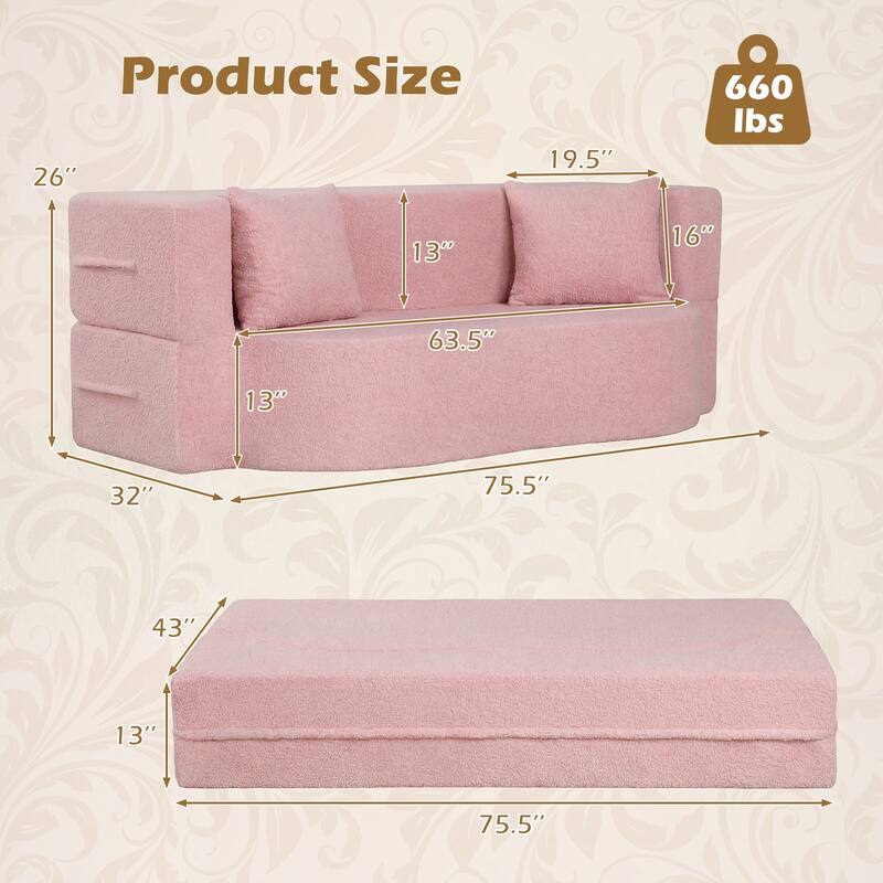 Gymax 75.5'' Folding Sofa Bed w/2 Comfortable Pillows No Assembly