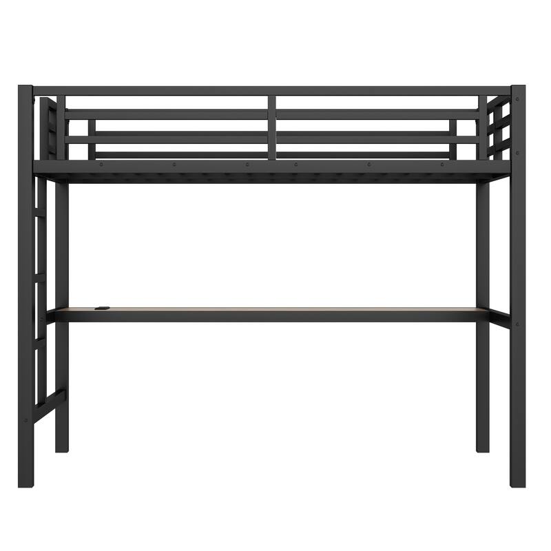 Roomfitters Twin Metal Loft Bed with Desk, Gaming High Sleeper with LED Lights and Power Outlet, Black
