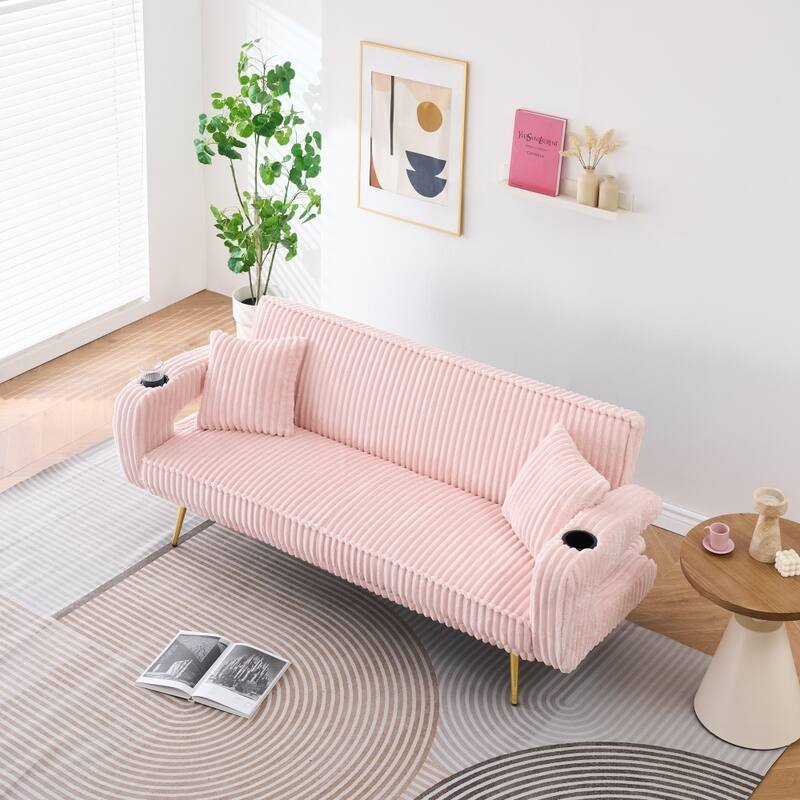 74.01" Straight Corduroy Sofa Bed with Pillows and Adjustable in Three Levels - Pink