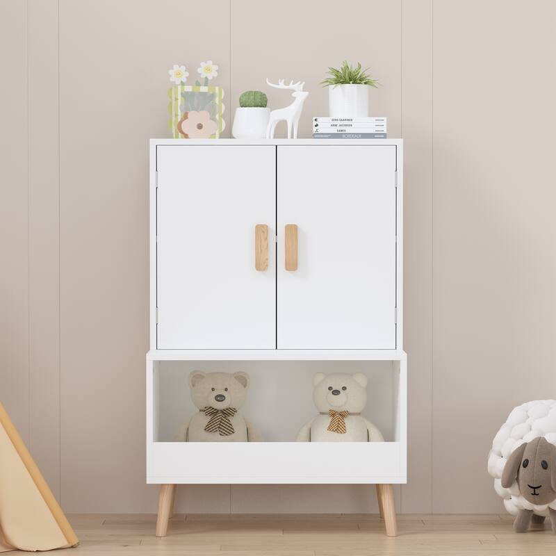 Anmytek Modern White Kids Storage Cabinet with Anti Tip Design - Scandinavian Playroom Organizer